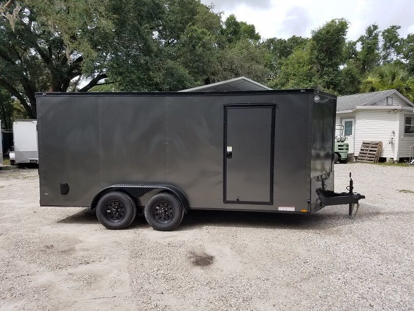 Diamond Cargo 7x16 TA Trailer - Charcoal, Ramp, Side Door, Extra Height, Blackout